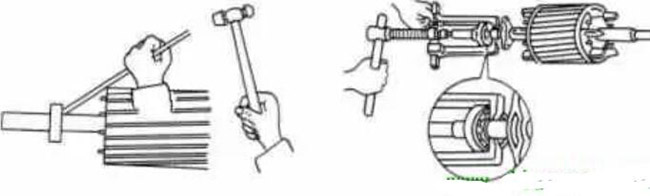 圖1-1-3使用拉拔器拆卸軸承。圖1-1-4取下軸承的絲錐